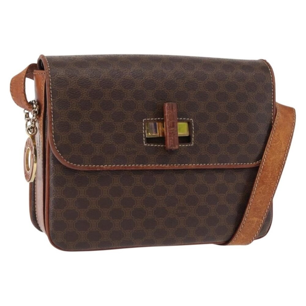 Authentic CELINE Macadam Canvas Shoulder Bag PVC Leather Brown Gold